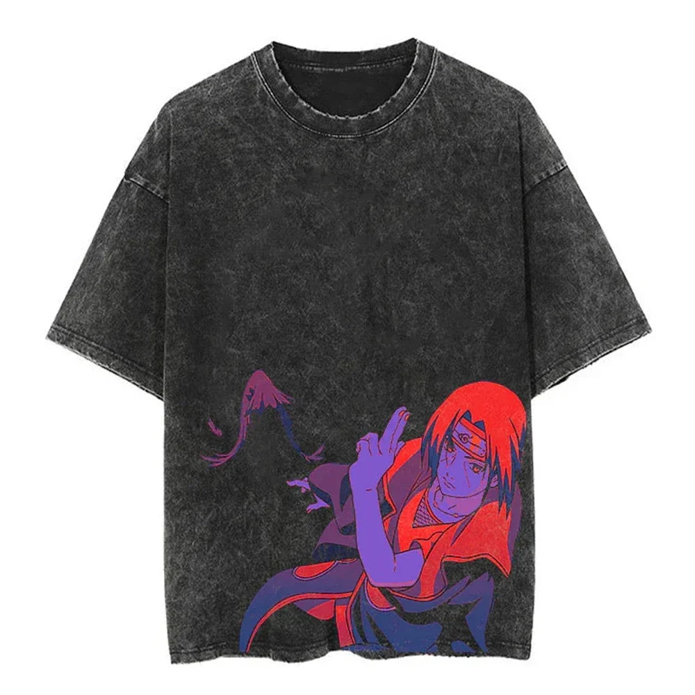 Men Streetwear Tshirt Japanese Naruto Anime Graphic T-Shirt Cotton Harajuku Washed T Shirt Summer Hip Hop Tops Tees Black