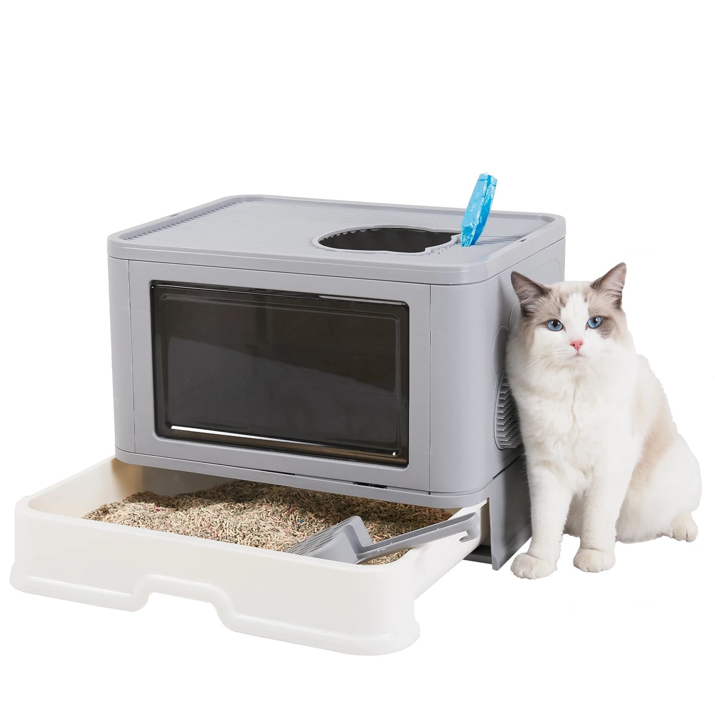 Foldable Cat Litter Box - Enclosed Front Entry  Top Exit Toilet with Massager Scoop - ZOOMNSTORE
