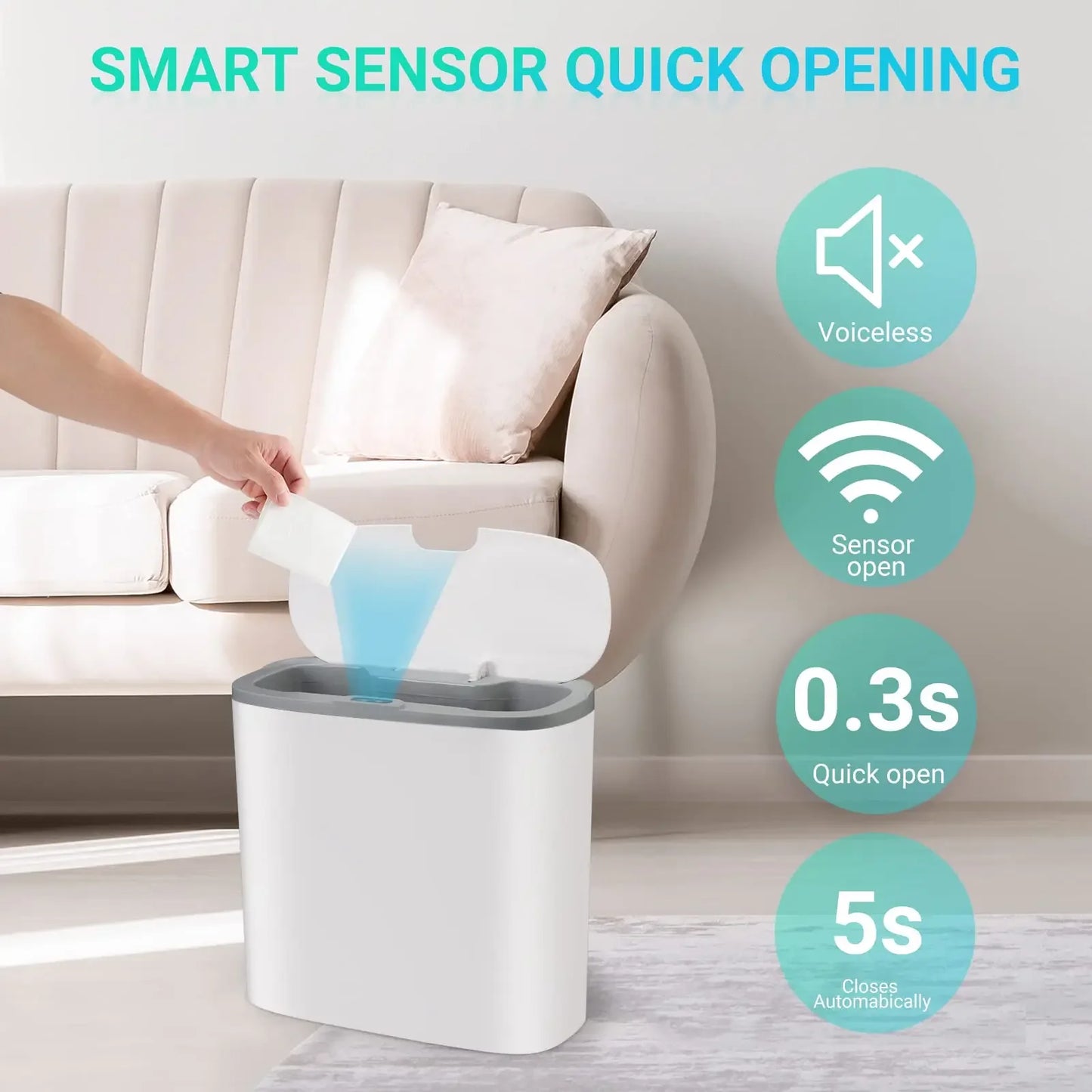 Touchless Motion Sensor Trash Can - Automatic Waterproof Slim Garbage Bin for Bathroom and Kitchen