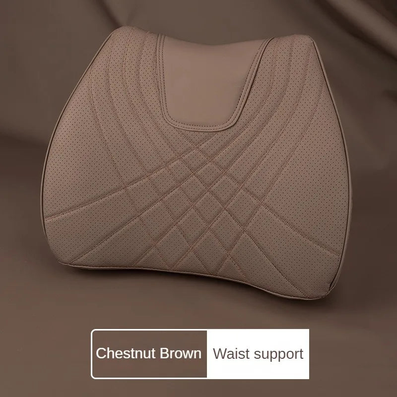Car Headrest Pillow - Memory Foam Lumbar Support Cushion Set With Leather Cover