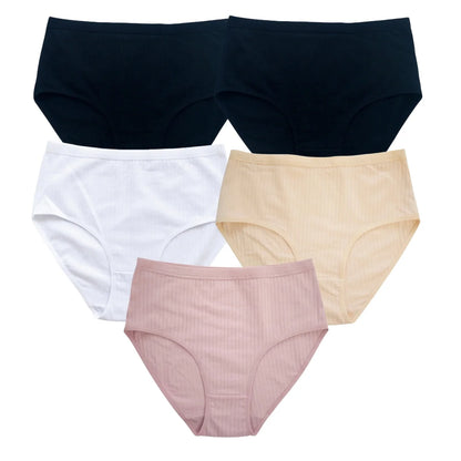 5Pcs/Set High Rise Panties Women Cotton Briefs Sexy Lingerie Ribbed Basic Daily Underwear Soft Stretch Ladies Intimates S-XXL
