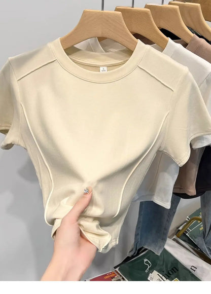 2026 Summer White T-shirt Cotton Female Short-sleeved Student Versatile Slim T-shirt Harajuku Crop Top Trend