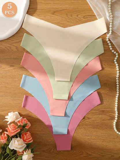 5pcs/Pack Women's Seamless Comfortable Solid Color Triangle Panties