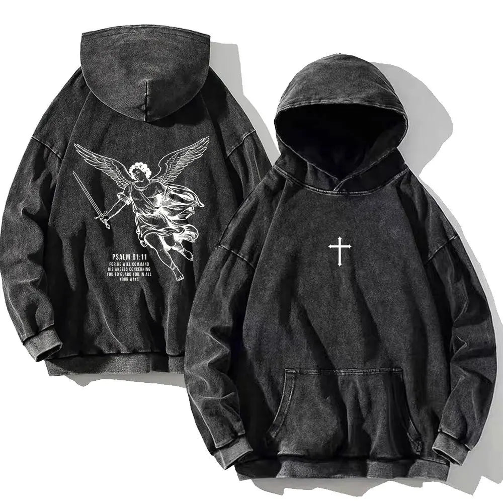 Vintage PSALM 91:11 Print Cotton Washed Hoodie Casual Hip Hop Men Women High Street Retro Hooded Sweatshirt Winter Pullover