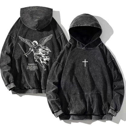 Vintage PSALM 91:11 Print Cotton Washed Hoodie Casual Hip Hop Men Women High Street Retro Hooded Sweatshirt Winter Pullover