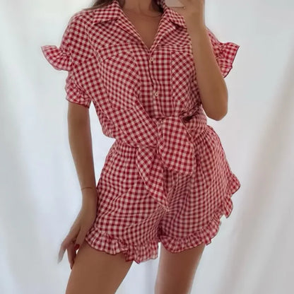 Linad Office Single-Breasted Shirts Elegant Plaid High Waist Shorts With Button Up Shirts 2 Piece Set Street Chic Outfits Summer