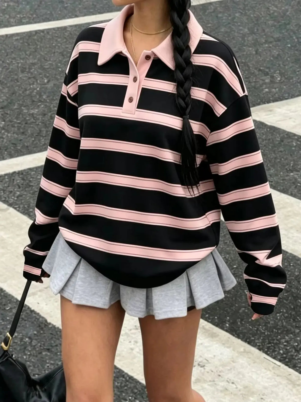 Women's Autumn Casual Lapel Button Color Block Geometric Pattern Long Sleeve Hoodie Top for Daily Travel