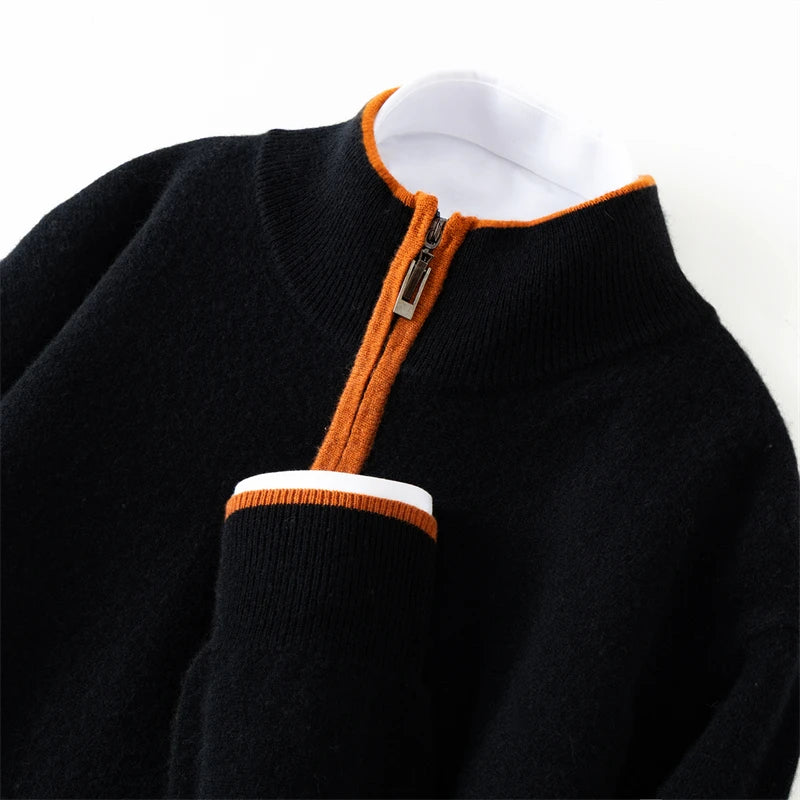 Men's 100% Cashmere Pullover Sweater Autumn/Winter Business Leisure Color Block Knitted Loose Fit Half High Collar Zipper Top