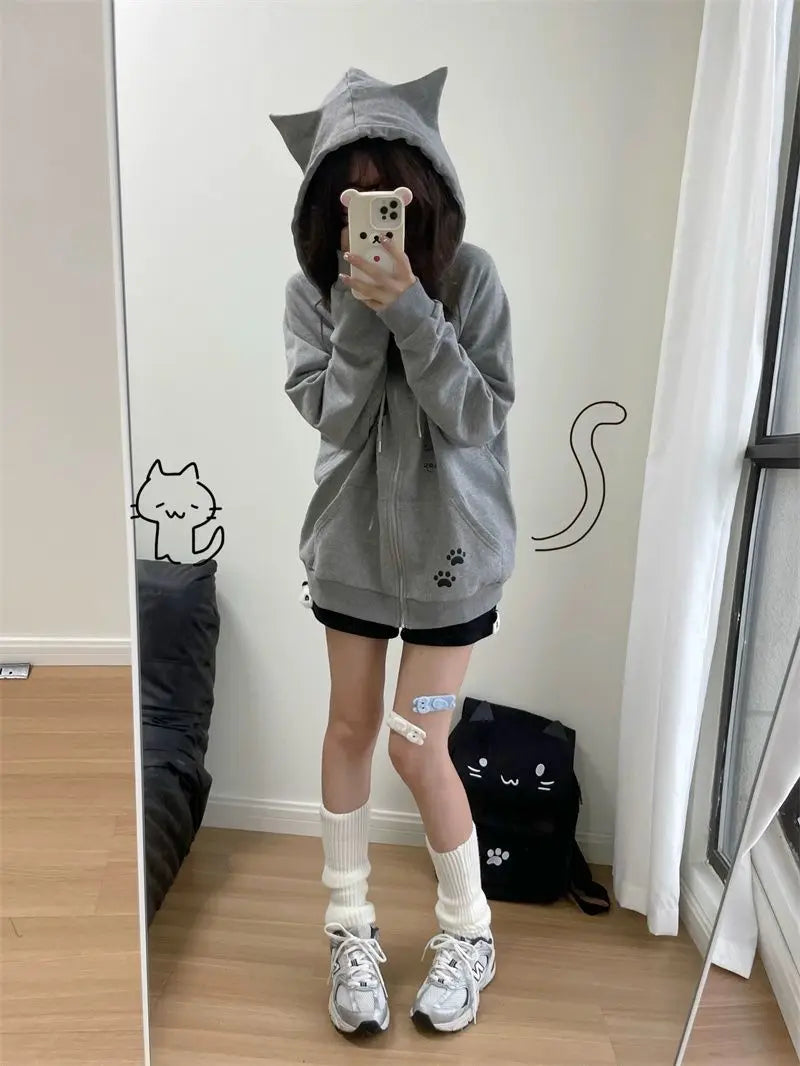 Zipper Hoodie Gothic Cartoon Kawaii Cat Ear Y2k Jacket Zip Up Thin Coat Spring Autumn Cute Core 2000s Clothes Fall Sweatshirts