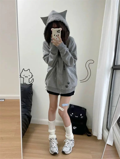 Zipper Hoodie Gothic Cartoon Kawaii Cat Ear Y2k Jacket Zip Up Thin Coat Spring Autumn Cute Core 2000s Clothes Fall Sweatshirts