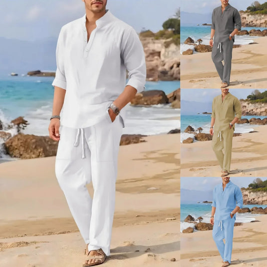 Men's Retro Cotton Linen Stand-Up Collar Long-Sleeved Suit Spring-Autumn Fashionable Loose Pure-Color Two-Piece Set