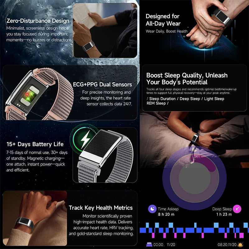 New No Screen Health Bracelet Precise Heart Rate Blood Pressure ECG Monitor Call Reminder Smart Watch Sport Band Fitness Tracker