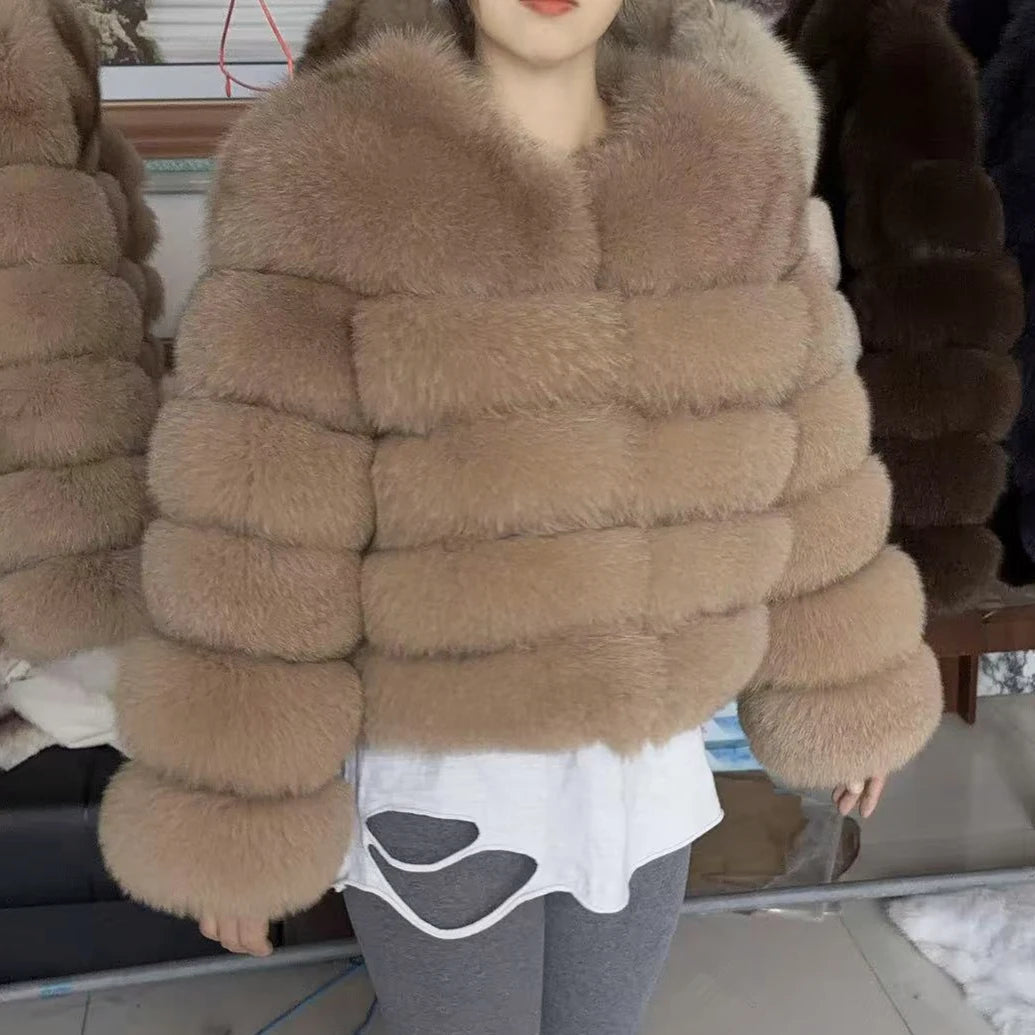 Fox Fur Coat - Slim Fit Women Winter Coat | Brown Real Fur Jacket With Hook Closure