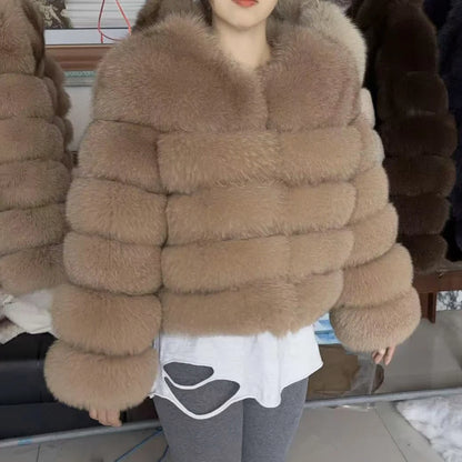 Fox Fur Coat - Slim Fit Women Winter Coat | Brown Real Fur Jacket With Hook Closure