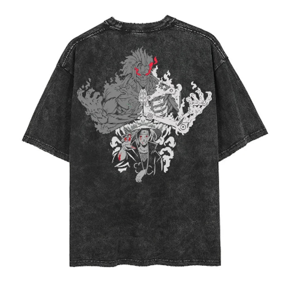 Men Streetwear Tshirt Japanese Naruto Anime Graphic T-Shirt Cotton Harajuku Washed T Shirt Summer Hip Hop Tops Tees Black