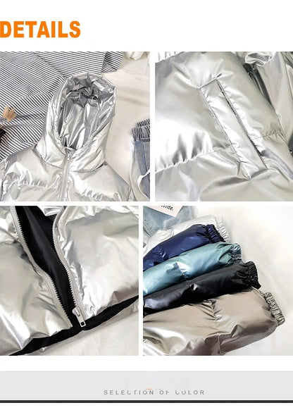 Streetwear Fashion Bright Silver Puffer Jackets for Men Thicken Winter Mens Coats Casual Hooded Cotton Wadded Heated Jacket Men