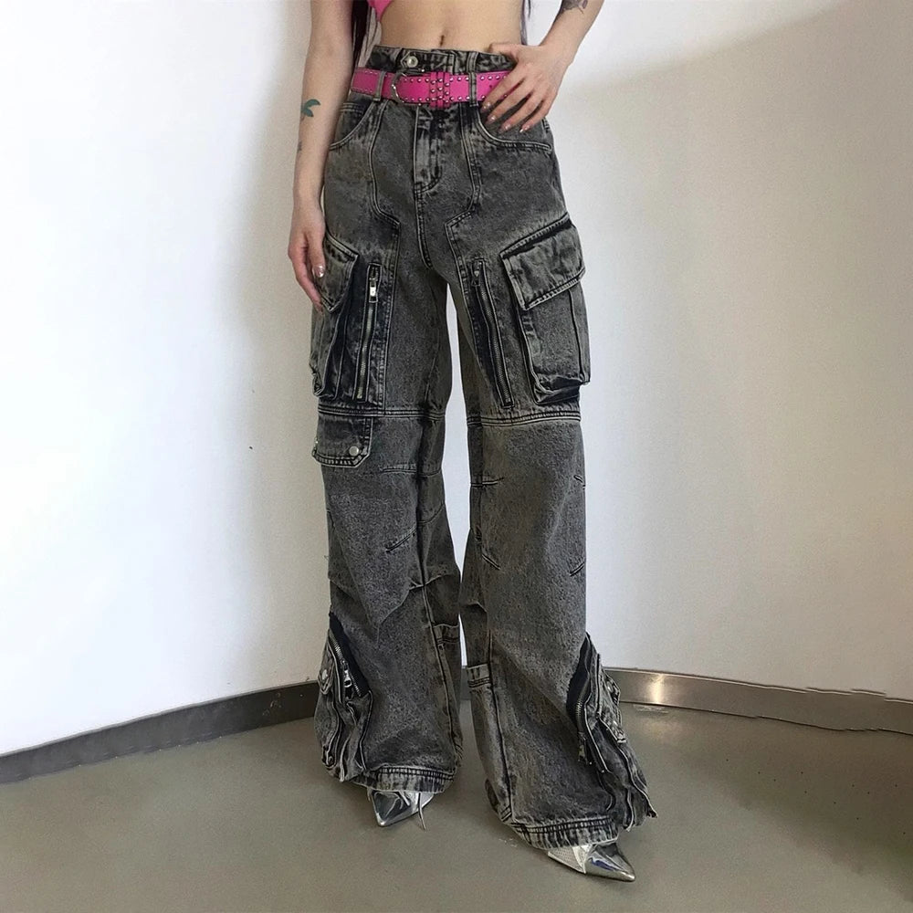 Men Gothic Jeans Y2k Big Pocket Cargo Jeans Streetwear Fashion Japanese Youth Campus Wide Leg Casual Pants Male Men'S Clothing