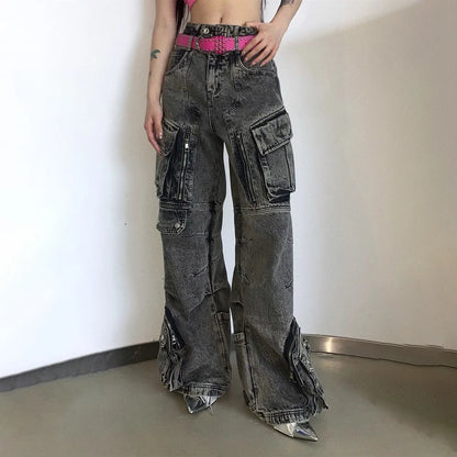Men Gothic Jeans Y2k Big Pocket Cargo Jeans Streetwear Fashion Japanese Youth Campus Wide Leg Casual Pants Male Men'S Clothing