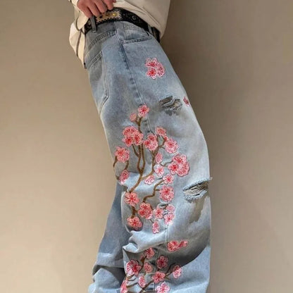 Cherry Blossom Selvedge Embroidery Denim Pants Y2K Retro Men Casual Baggy Straight Wide Leg Jeans High Quality Hiphop Streetwear