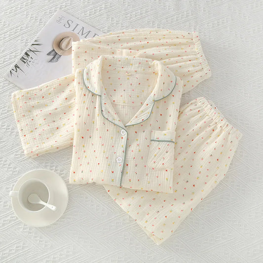 Pajamas pure cotton three-piece set spring and summer thin crepe autumn gauze lapel short-sleeved trousers shorts loungewear set
