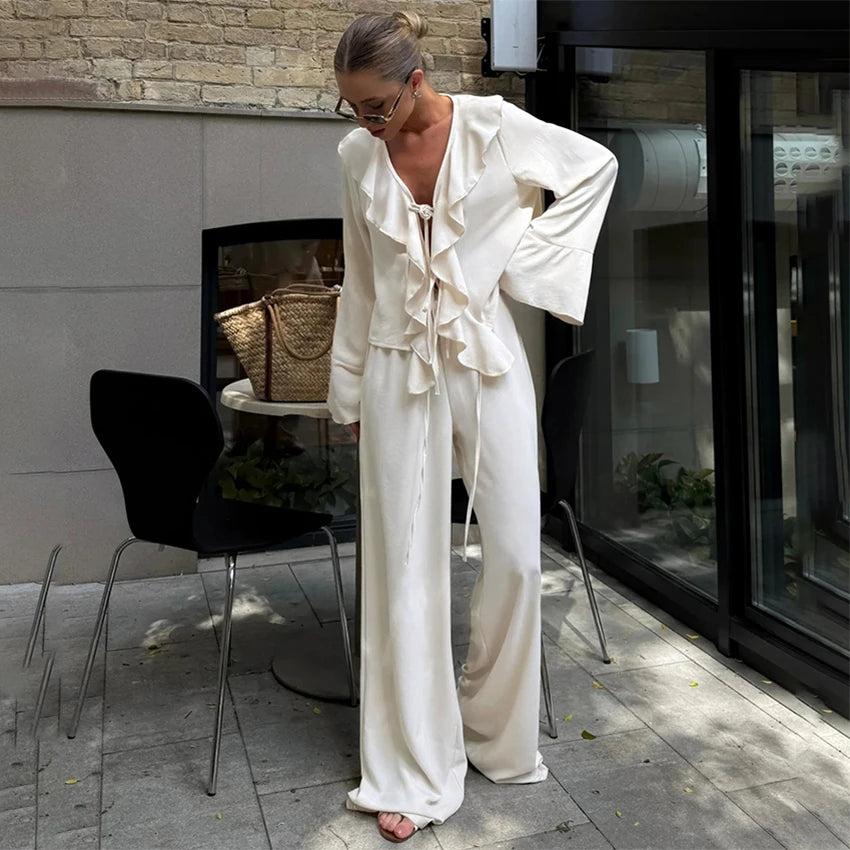 Linad Casual Loose Apricot Outfits Fashion Ruffles Flare Sleeve Blouse With High Waist Pant 2 Piece Sets Summer Long Pants Suits