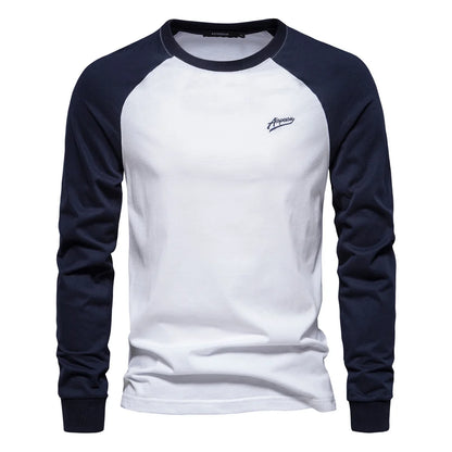 Men's Cotton T-Shirts - Long Sleeve Patchwork O-Neck Casual Designer Tees