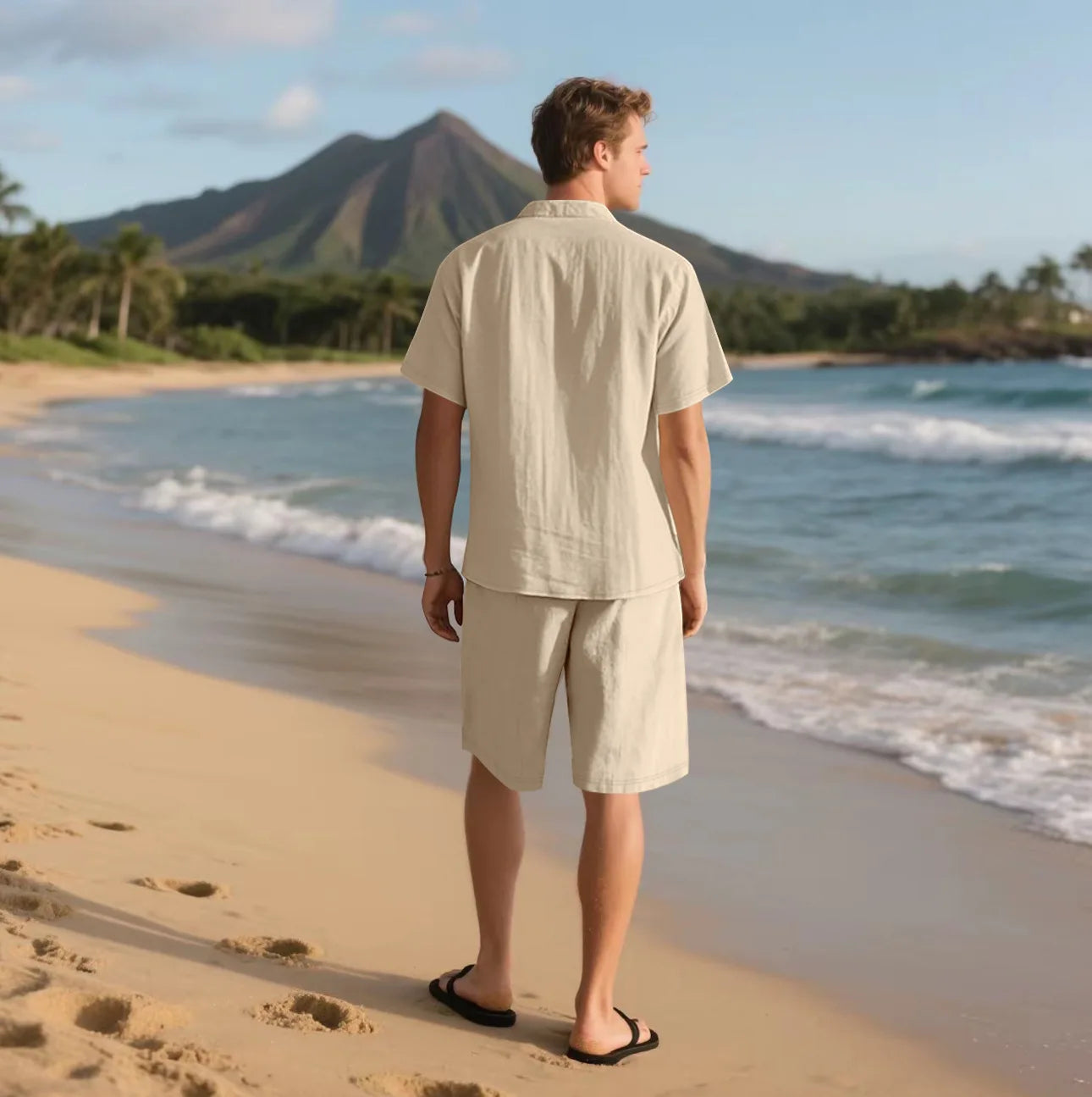Summer Men's Solid-Color Linen Beach Suit, Lapel Button Short-Sleeved Shirt Paired With Drawstring Shorts, Casual 2-Piece Set