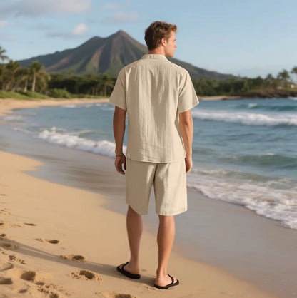 Summer Men's Solid-Color Linen Beach Suit, Lapel Button Short-Sleeved Shirt Paired With Drawstring Shorts, Casual 2-Piece Set