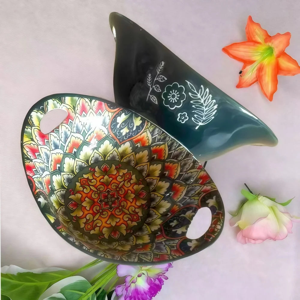 Bohemian Ceramic Salad Bowl Set - Microwave Safe Stackable Oval Plates with Handle 2PCS