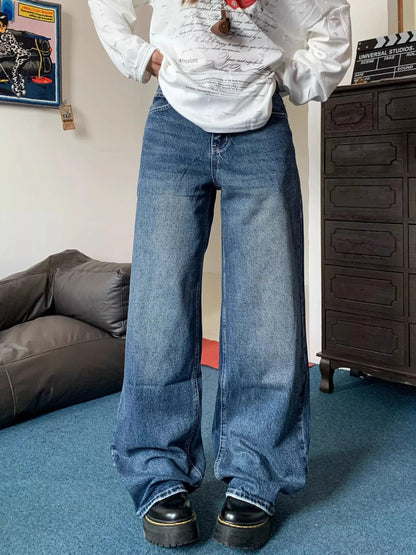 Women's Loose Straight Leg High Street American Style Jeans Wide Leg Trousers with Patch Design Couple Trendy Brand