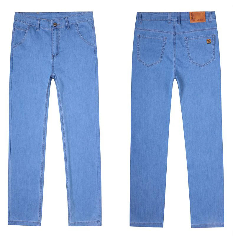 Light blue classic business jeans, fashionable breathable denim elastic pants, black blue men's straight leg jeans, sizes 28-40