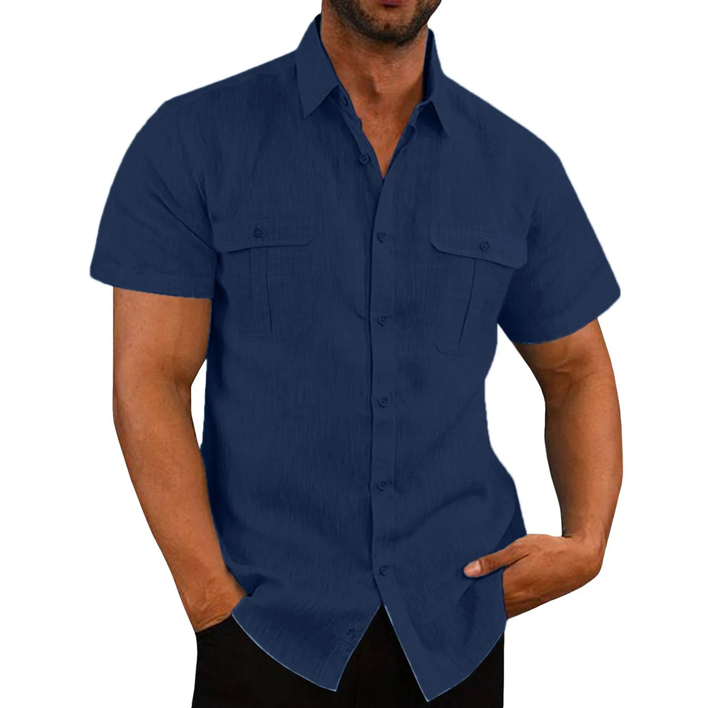 Men's Textured Short Sleeve Button Down Shirt with Chest Pockets Casual Lightweight Summer Top for Beach Office & Daily Wear