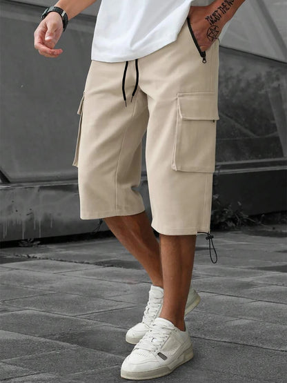 Men's 3/4-Length Cargo Shorts — Woven Twill Fabric, Multi-Pocket Casual Trousers. Non-Stretch Adult Apparel for Summer