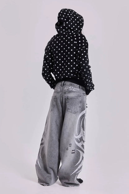 Loose Jeans Women Graffiti Print Baggy Wide Leg Straight Leg Ripped Floor Pants Harajuku Y2k Gothic Unisex Work Denim Pants