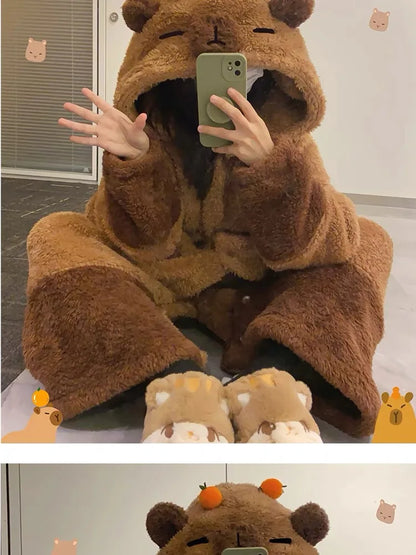 Soft Cute Animals Shape Blanket Pajamas Unisex For Adult Coral Velvet Warm Cosplay Loose  Pajamas Pants Home Wear