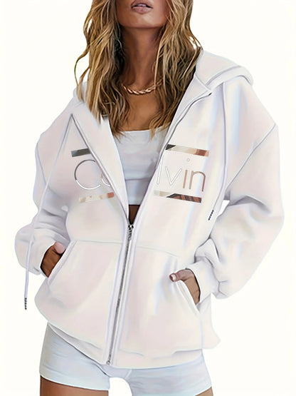 Women's Hoodie - Cozy Brown Zip-Up with White Print Casual Long Sleeve Sweatshirt  Drop Shoulder Design Relaxed Fit Winter W