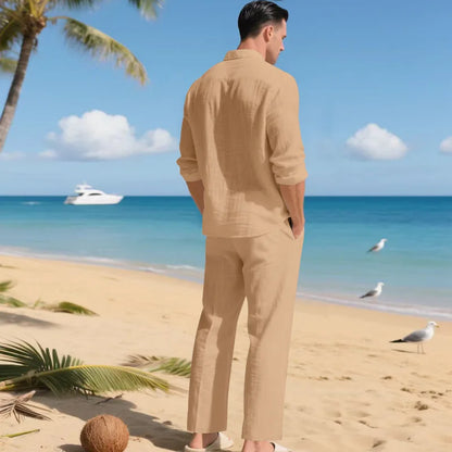 Men's Autumn Loose Trend Linen Solid Color Simple Lapel Long-Sleeved Shirt Beach Trousers Set