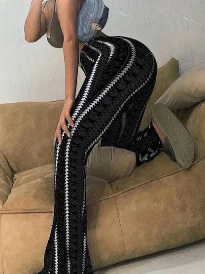 Women Pants Retro Print Flared Leggings Sexy Slim Fit Casual Pants Street Style 2025 Spring Summer Fashion Long Trousers