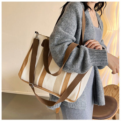 Striped Canvas Tote - Women's Crossbody Shoulder Bag With Zipper Closure, Versatile Daily Use