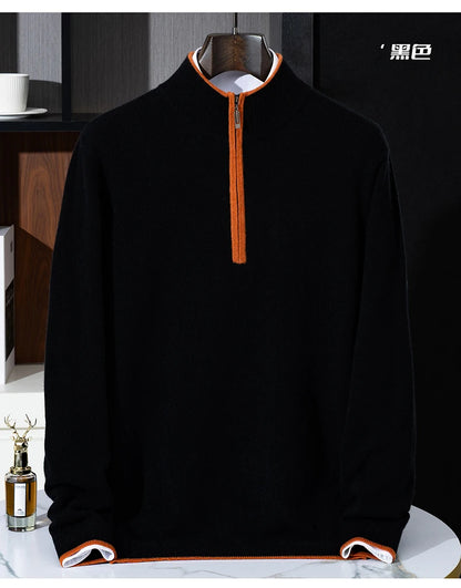 Men's 100% Cashmere Pullover Sweater Autumn/Winter Business Leisure Color Block Knitted Loose Fit Half High Collar Zipper Top