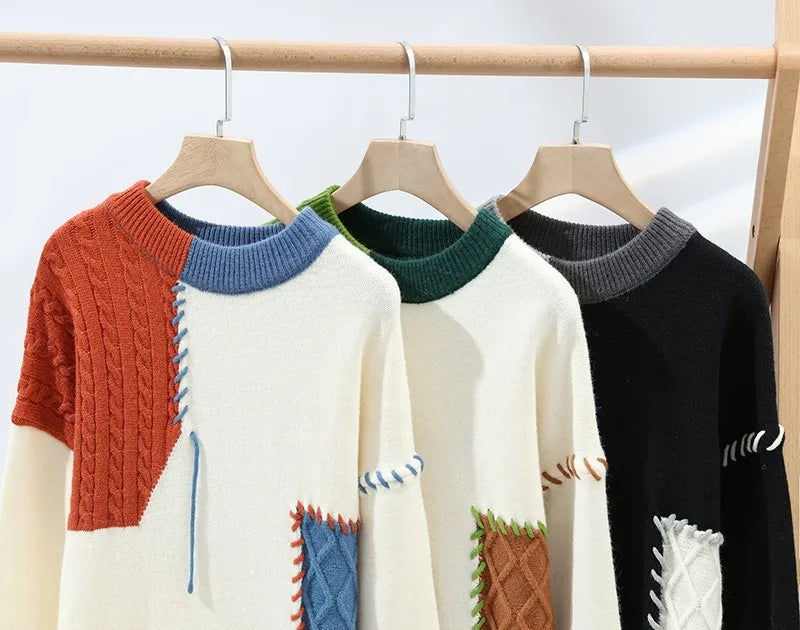 Patchwork Knitted Sweater - Men's Autumn Casual Streetwear Warm Pullover Jumper