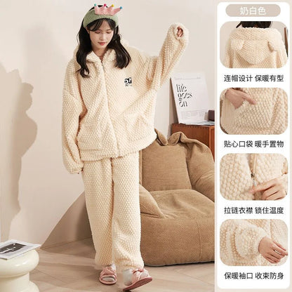 Autumn Winter Women's Sleepwear Flannel Pajamas Set Thick Fleece Nightwear Sets Warm Home Suits Hoodie Plus Pants