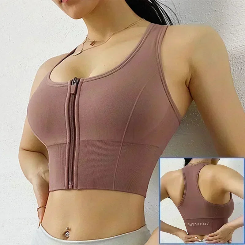 Front Zipper Sports Bra - Women's Athletic Crop Top, Push Up Wireless Fitness Tank