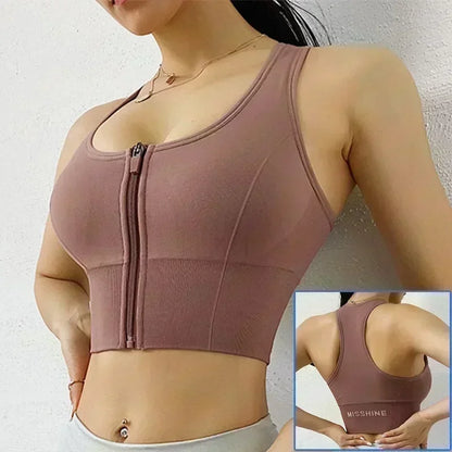Front Zipper Sports Bra - Women's Athletic Crop Top, Push Up Wireless Fitness Tank