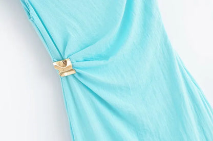 ETJ 2025 summer new  women's elegant sexy fashion metal buckle inlaid asymmetrical pleated MIDI dress