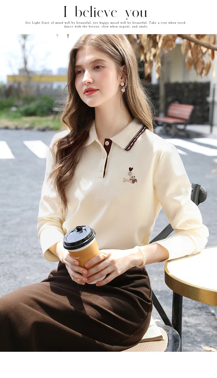 Polo Neck T-shirt - Long Sleeve Apricot Top With Embroidery Detail | Casual Women Shirt