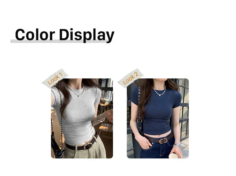 Basic Solid Crop Top Short Sleeve Crewneck Skinny T-shirt Summer Casual Tee for Women Y2K Vintage Top Harajuku Streetwear