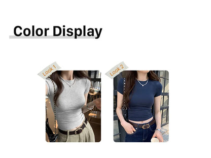 Basic Solid Crop Top Short Sleeve Crewneck Skinny T-shirt Summer Casual Tee for Women Y2K Vintage Top Harajuku Streetwear