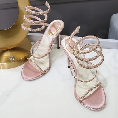 Eilyken Fashion Style Crystal Diamond Ankle Strap Women Sandals Sexy Open Toe Thin High Heels Nightclub Banquet Party Shoes