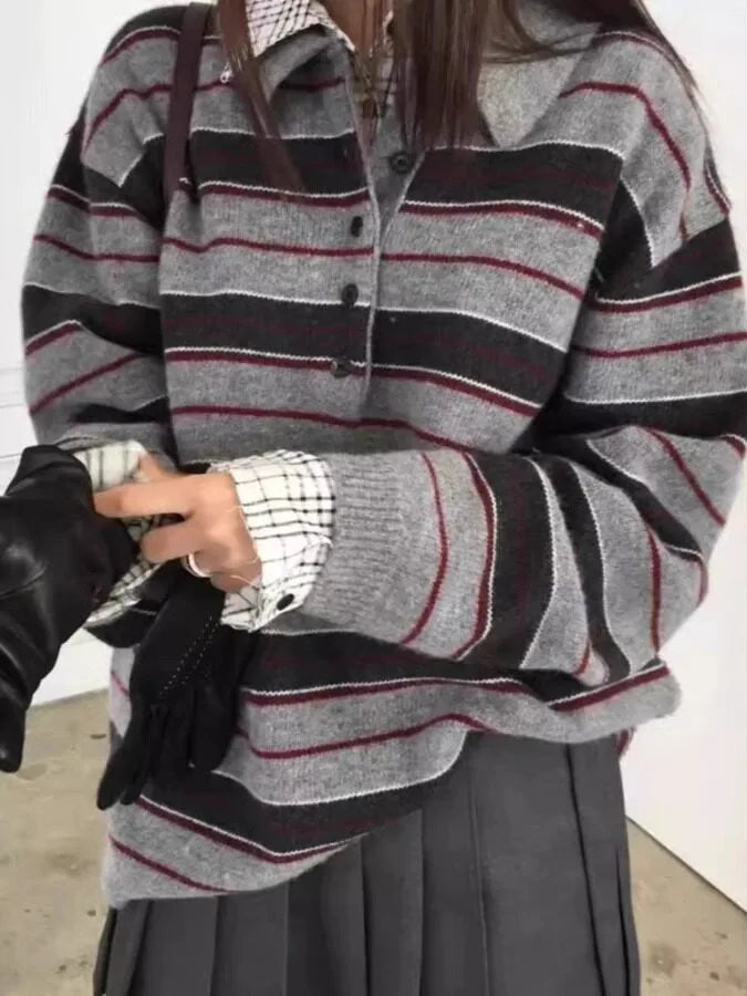 Retro Korean Style Striped Loose Fit Long Sleeve Knitwear Casual Comfortable Warm Collared Sweater for Women Spring Autumn Wi...